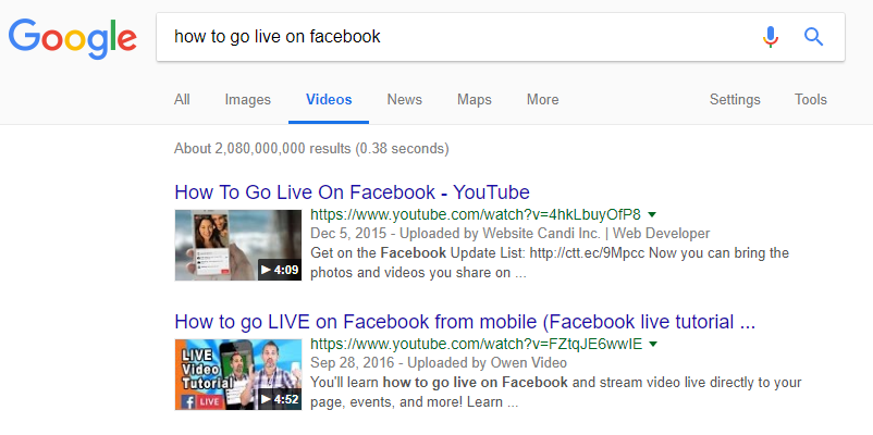 Videos in Google on how to go live on Facebook