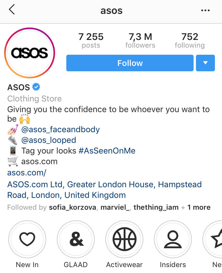 Instagram bio for business: Asos