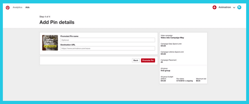 Add pin details for a video ad campaign on Pinterest