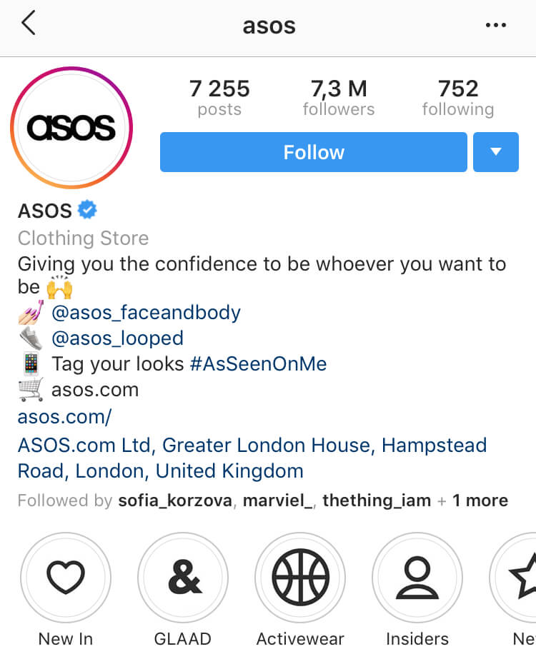 Biografia do Instagram para empresas: Asos