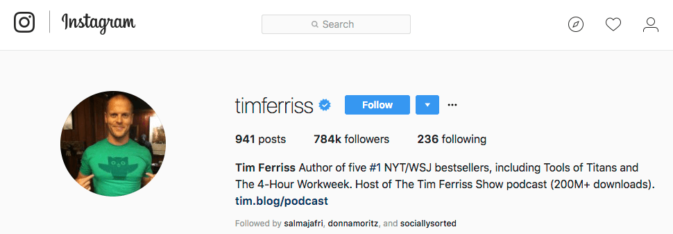 Tim Ferriss Instagram Bio para exemplo de negócios