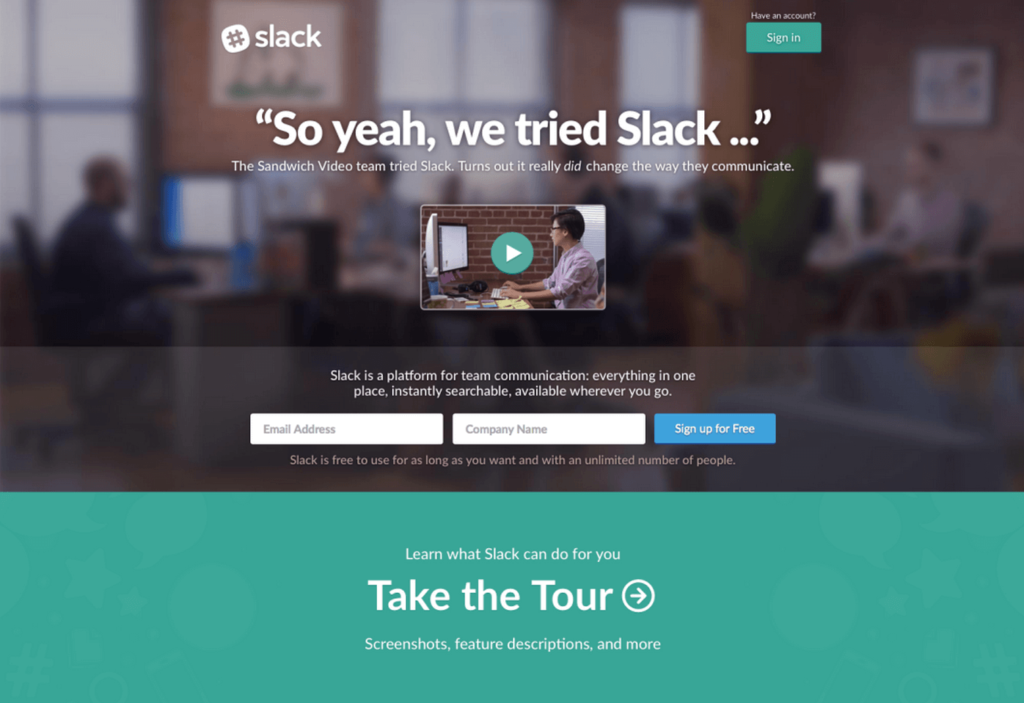 Lead generation landing page by Slack