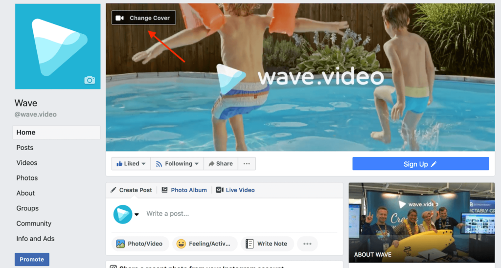 A photograph showing where you go to change your cover image or video on Facebook.