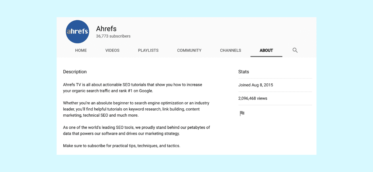 Ahrefs YouTube channel description