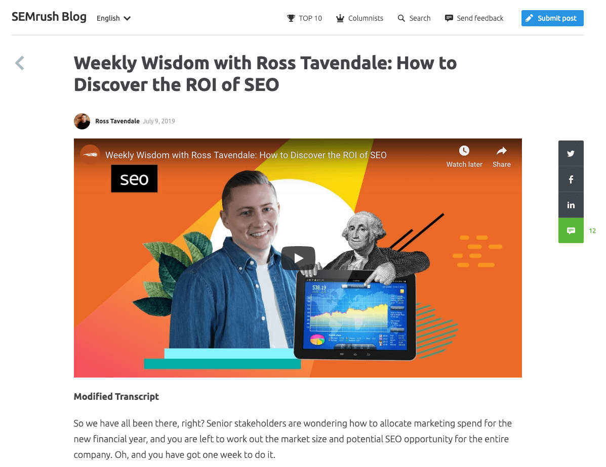 SEMrush video embed in a blog post