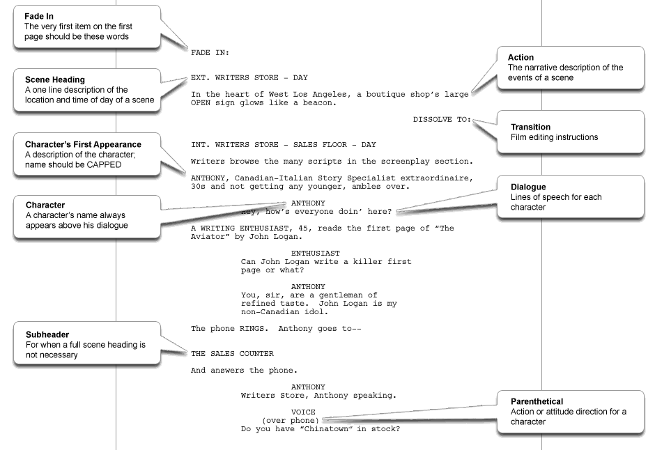 Movie script formatting sample