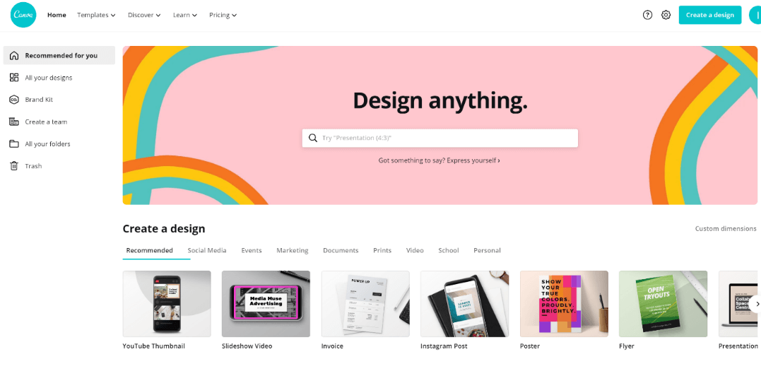 Canva home page
