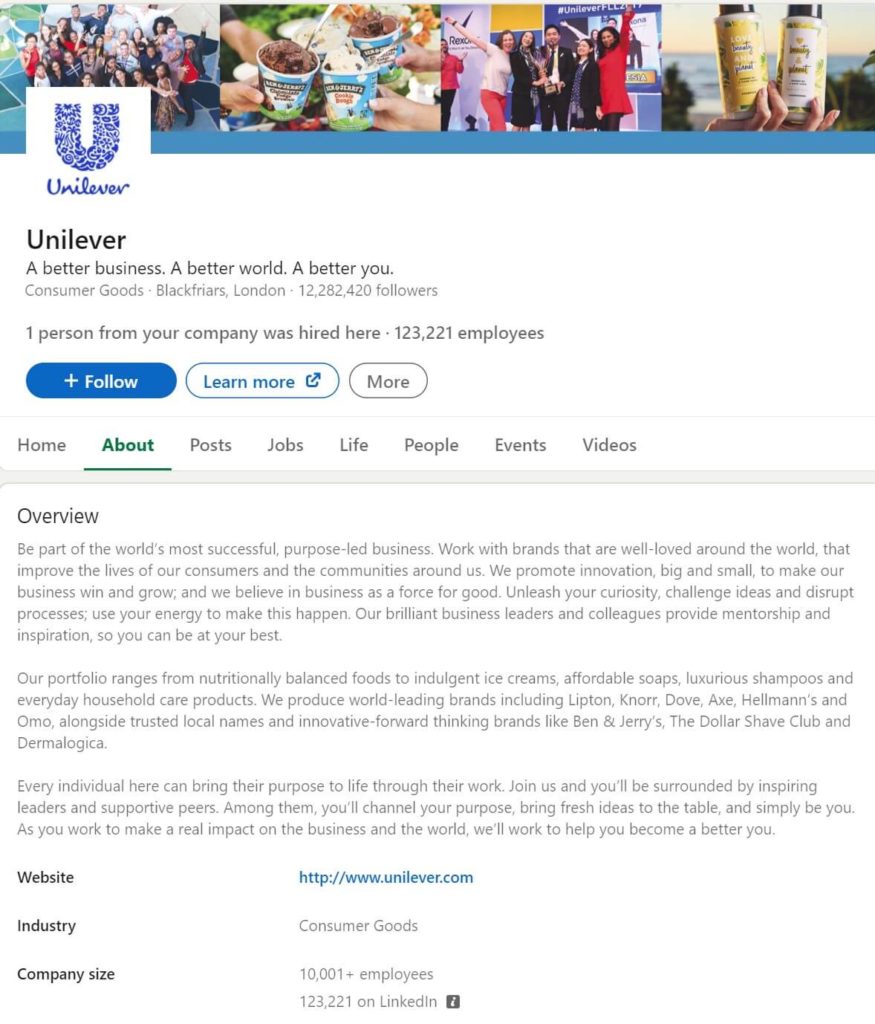 Unilever LinkedIn Presence