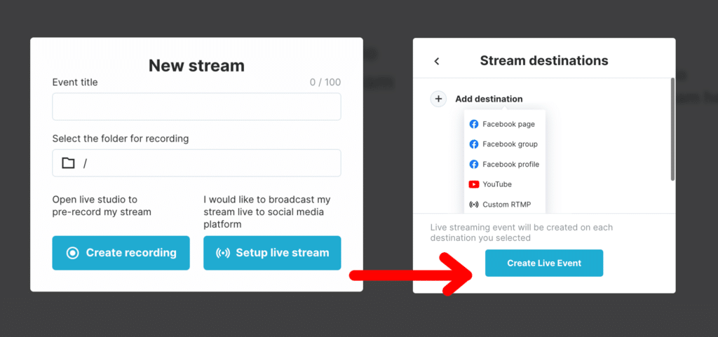 Schritt 1 und 2, um Live -Stream einzurichten