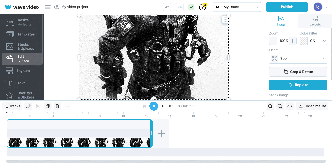 wave.video editor interface with video on the canvas