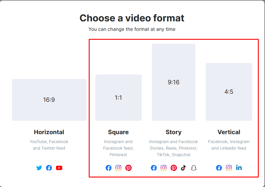 How to Share a YouTube Video on Instagram - Choosing video format in Wave.video