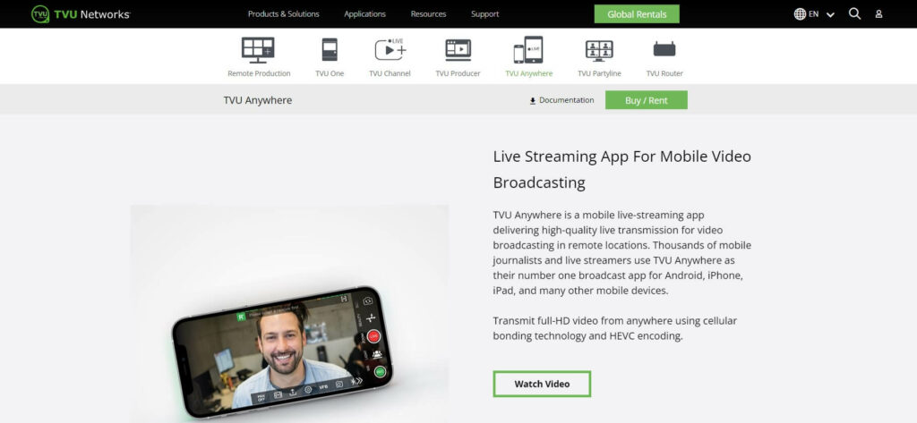 TVU Anywhere multi-camera live streaming platform screenshot